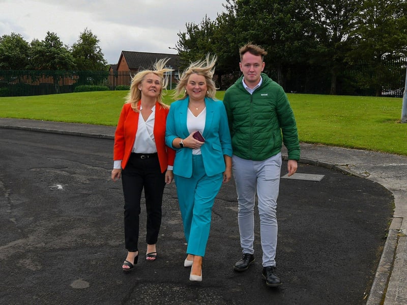 Sinn Fein's Foyle candidate Sandra Duffy, accompanied by MLA’s Ciara Ferguson and  Pádraig Delargy arrives at the Lenamore Youth Centre to cast her vote in the Westminster general election.  Photo: George Sweeney