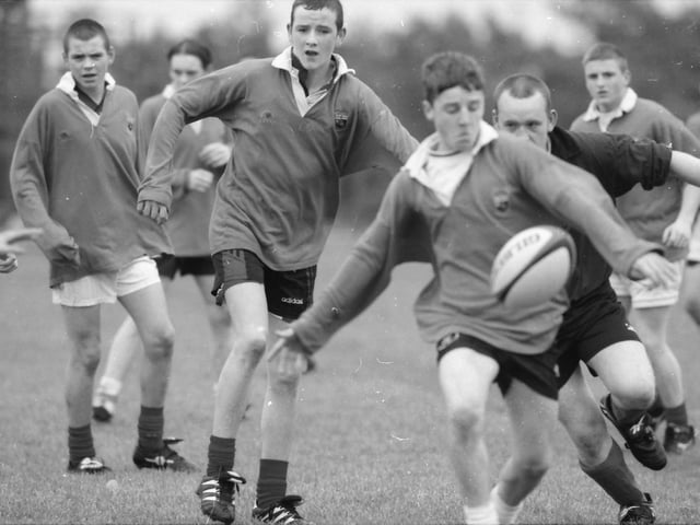 Action from the first ever rugby union clash between St. Peter's High School and St. Joseph's Secondary School at Judges Road.