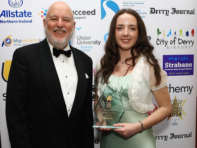 John Harkin, Founder of Alchemy Tachnology Services with Kira McLaughlin, Scoil Mhuire Buncrana, Winner of Young Business Person of The Year.