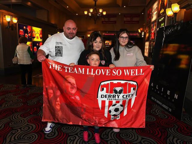 Derry City fans pictured at the Brunswick Moviebowl ahead of the live screening of the candystripes’ Europe Conference League away to FCB Magpies on Thursday evening. Photo: George Sweeney
