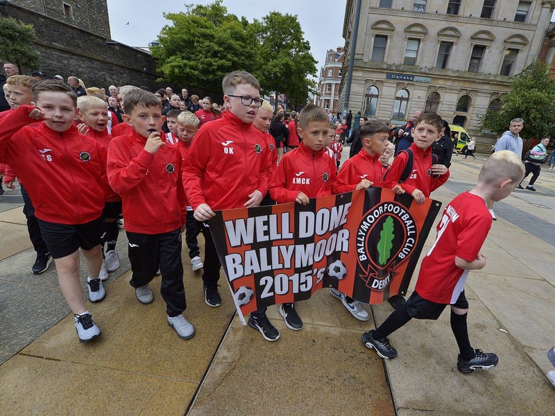 Ballymore footballers arrive in Guildhall Square. Photo: George Sweeney