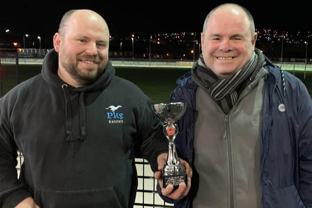 Paul Orr (right) was presented with the Eire Greyhounds Trophy by Kevin Canning on behalf of sponsor Jason Mernor after 'Knockbann Flash' was voted favourite performer at the Nov 28th meeting.