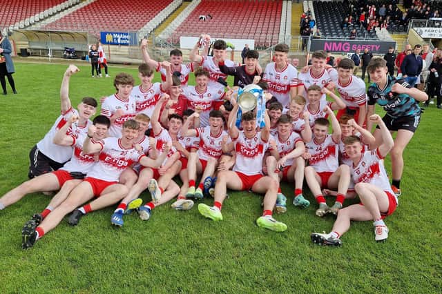 Derry minors celebrate their victory over Armagh in the Electric Ireland Ulster Minor Football Final in Healy Park.