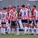 Derry City players celebrate scoring against St Patrick's Athletic in their last meeting at Brandywell back in April. Photograph by Kevin Moore.