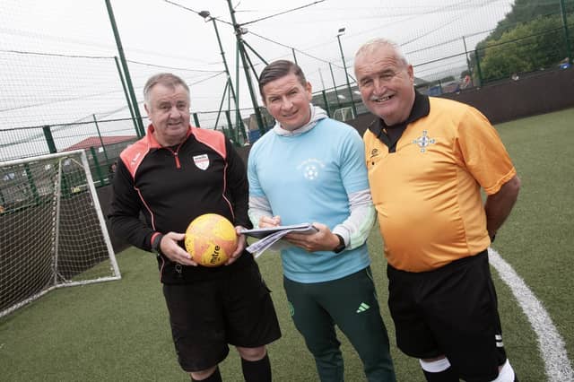 Tournament organiser Colly Kelly pictured with referees Noel Moore and Martin Dunne at last week's Padraig Barton Cup tournament held at Bay Road, as part of this year's Feile 23. (Photos: Jim McCafferty Photography)
