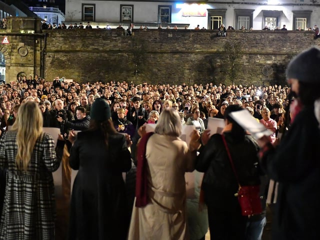 Some of the large attendance at the Rally for Women's Safety held in the Guildhall Square on Friday evening. Photo: George Sweeney
