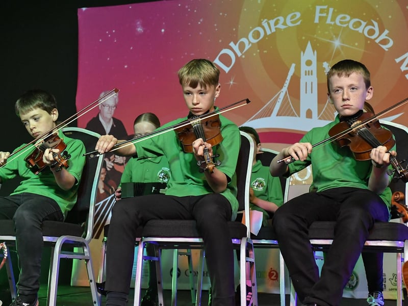 Young musicians playing during the Fleadh Mhór Dhoíre Céili Bands competition held in Studio 2. Photo: George Sweeney