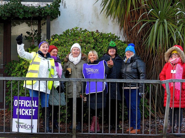 Health and care workers from NIPSA, UNISON and GMB trade unions, campaigning for fair pay and conditions, take part in industrial action at Gransha on Monday morning. Photo: George Sweeney. DER2250GS – 16