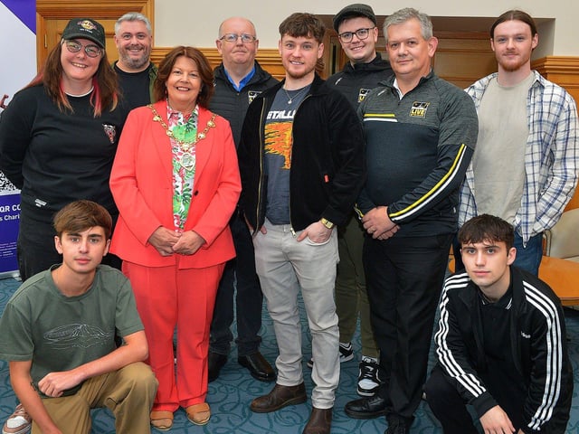 Mayor Patricia Logue pictured with singer Ryan McMullan, backing artists Cheryl Ann and TeleZura and event officials at the official launch of his forthcoming gig ‘Live in the Square’, Ebrington on 25th August. Photo: George Sweeney. DER2331GS – 65