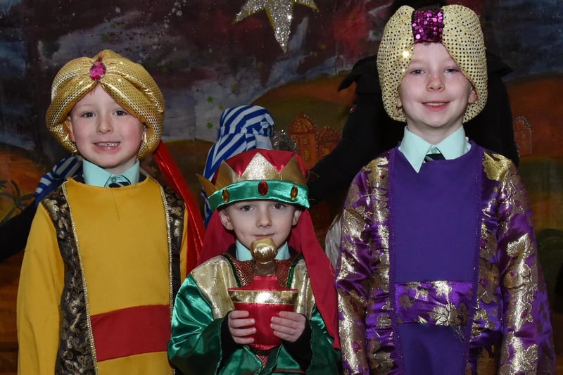 Three wise men Brody Toland, Cahir McMenamin and Cillian Doran pictured at the start of the Long Tower PS P3 Nativity on Monday morning. 