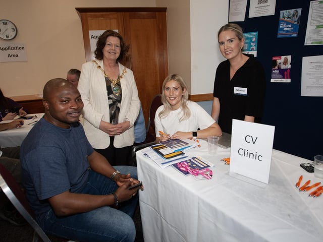 Job hunting lke Chineme Innocent chatting to Careers Service CV Clinic staff Lauren Curry and Erin Doherty, are joined by the Mayor Patricia Logue at the Derry Job Fair in the City Hotel on Tuesday morning. (Photos: Jim McCafferty Photography)