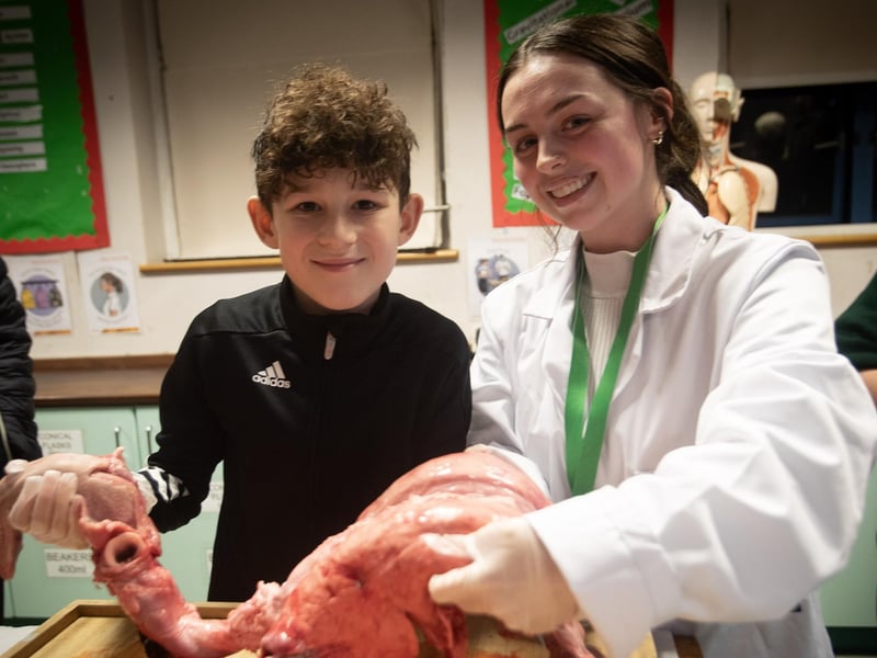 Prospective St. Joseph's Boys School pupil Eamonn McLaughlin (Steelstown PS) shows now fear in the Biology Department during Tuesday night's Open evening.