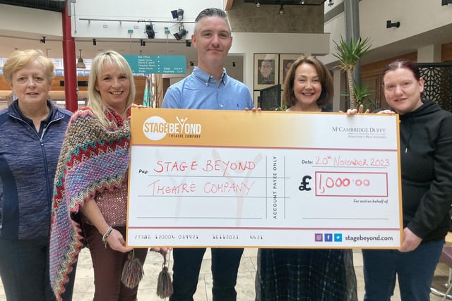Christmas has come early for Stage Beyond Theatre Company who have received £1,000 sponsorship from local company McCambridge Duffy. The donation will help fund 'Finding Your Voice' workshops and a dance project for members in the new year. Included are Ciaran Duffy, Director, McCambridge Duffy and Annamarie Barr, Board member of Stage Beyond.