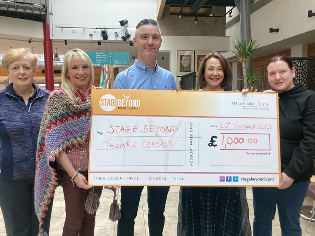 Christmas has come early for Stage Beyond Theatre Company who have received £1,000 sponsorship from local company McCambridge Duffy. The donation will help fund 'Finding Your Voice' workshops and a dance project for members in the new year. Included are Ciaran Duffy, Director, McCambridge Duffy and Annamarie Barr, Board member of Stage Beyond.