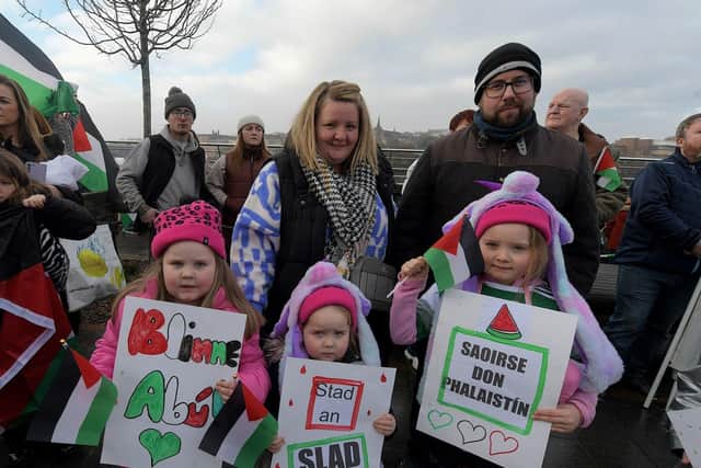 Thousands of protesters take part in a march and rally, in Derry on Saturday afternoon, calling for a ceasefire in Gaza.  Photo: George Sweeney
