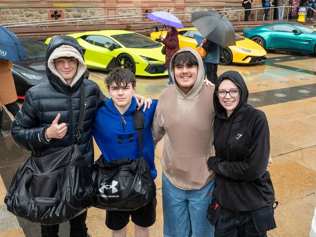 Jake Murray, Ryan Shields, Sean Fleming and Hannah Middleton. Derry City and Strabane District Council Mayor, Councillor Lilian Seenoi-Barr has hosted Supercar Saturday in Guildhall Square to raise money for the Mayoral Charity Bud Club. The event attracted car enthusiasts and owners from across the region to support aid the local charity. Picture Martin McKeown. 24.05.25