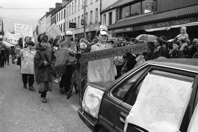 A topical float addressing the controversy over the whaling industry at the St. Patrick's Day parade in Moville on March 17, 1993.
