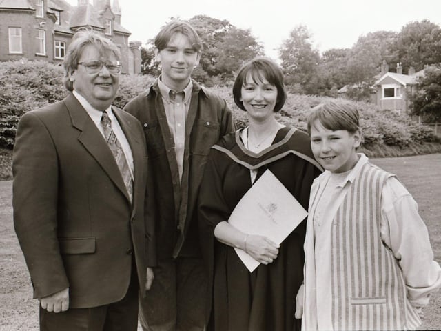 Photographs of students, professors, and proud parents during the Magee graduations in June 1995.