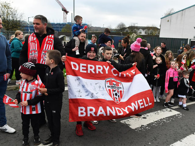 Derry City fans at the Brandywell Stadium on Saturday morning prior to the team’s departure for Dublin ahead of Sunday’s FAI Cup Final against Drogheda United. Photograph: George Sweeney