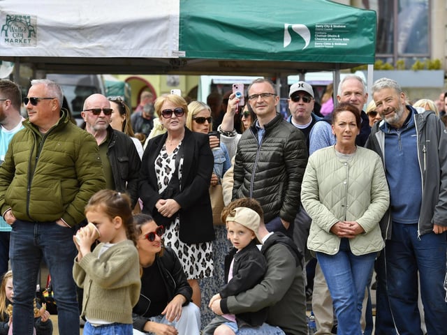 People gather in Guildhall Square for the live music during the City of Derry Jazz Festival. Photo: George Sweeney