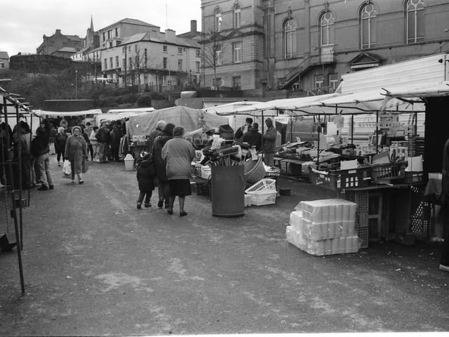 The Foyle Street market with St. Columb's Hall in the background.