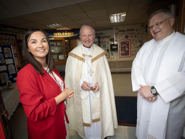 Mrs. Pat Concannon, Principal, Holy Child PS pictured with Bishop Donal McKeown and Fr. McFaul on Thursday at the school.