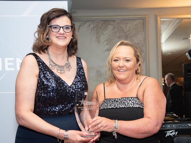 Rosin Doherty presents the Service Provider of the Year Award, sponsored by Inishowen Food Solutions to Edel Burns, The Village Kitchen at the Carndonagh Traders Business and Community Awards in the Ballyliffin Lodge Hotel on Saturday night last. Photo Clive Wasson.