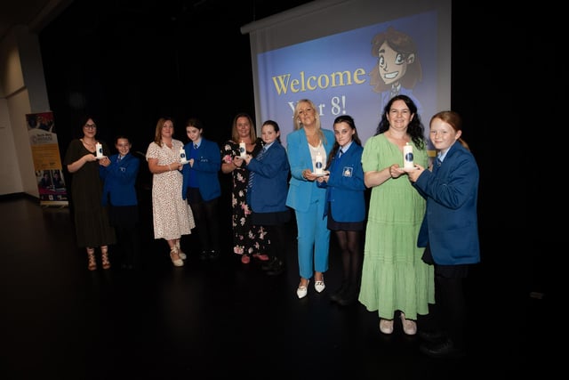Form teachers pictured with some of their new students at last week's Year 8 Welcoming Ceremony at St. Mary's College, Derry. From left, Miss Poole with Aoibheann Dodrill, Mrs McNamara with Georgia McMenamin, Mrs Duffy with Amelia Sharkey, Mrs Keaveney with Charley Ward and Miss Curran with Jessica Mullan.