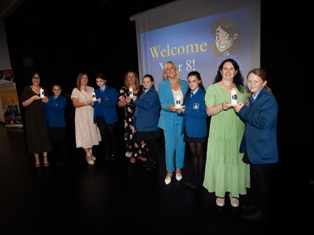 Form teachers pictured with some of their new students at last week's Year 8 Welcoming Ceremony at St. Mary's College, Derry. From left, Miss Poole with Aoibheann Dodrill, Mrs McNamara with Georgia McMenamin, Mrs Duffy with Amelia Sharkey, Mrs Keaveney with Charley Ward and Miss Curran with Jessica Mullan.