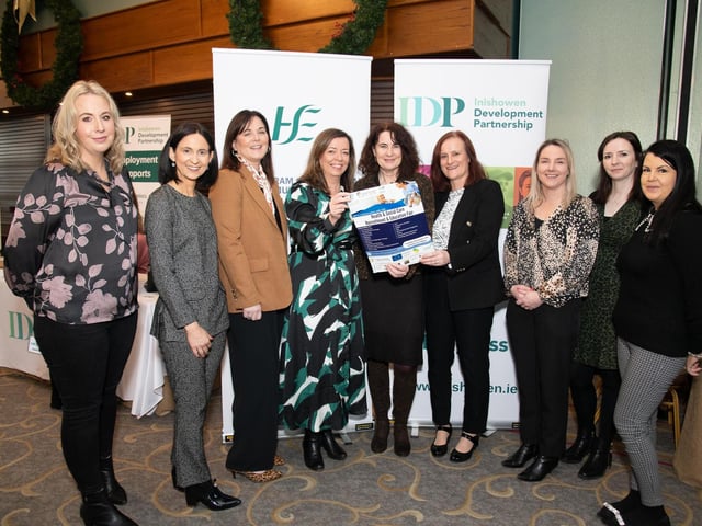 At the HSE & IDP Health, Social Care Recruitment & Education Fair in Inishowen Gateway Hotel on Tuesday last Katie Barr, IDP, Sinead McDaid, IDP, Geraldine Canning, HSE, Clodagh McGee, HSE, Denise McCool, IDP, Maria Ferguson, HSE, Tara Devine, HSE, Sonya Gallagher, HSE and Anna Underwood, HSE. Photo Clive Wasson