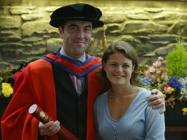 James Nesbitt poses for a photo with his wife Sonya at Magee College