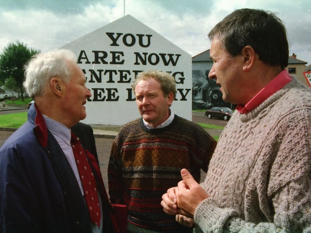 British Labour MP Tony Benn with Martin McGuinness and Mitchel McLaughlin at Free Derry Corner.