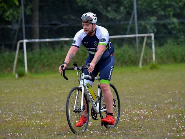 Daryl Findlay completes the cycle race during the Liam Ball Triathlon on Sunday morning.