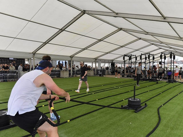 Competitor takes part in the Ebrington Hyrox on Saturday morning. Photo: George Sweeney