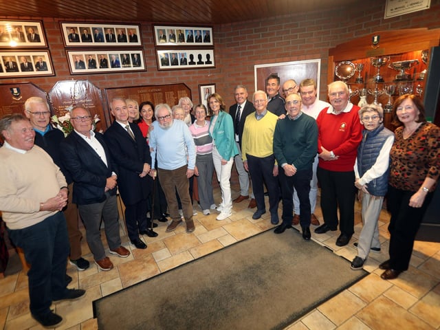 City of Derry Golf Club's Naoimh Quigg pictured with club members on Friday night.