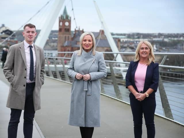 Sinn Féin First Minister Designate Michelle O'Neill pictured previously on the Peace Bridge with Derry MLAs Pádraig Delargy and Ciara Ferguson.