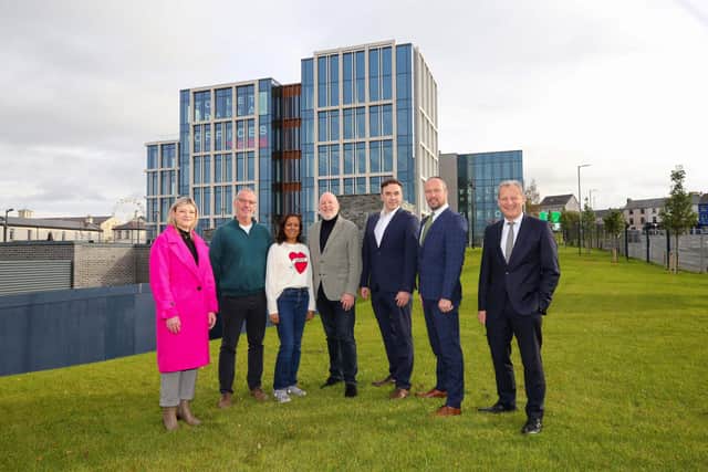 (Left to Right) Erin Mc Feely, Head of Strategic Initiatives, Alchemy; John Colwell, Chief Financial Officer, Alchemy; Mimi Munchetty, Senior Delivery Director, Alchemy; John Harkin, Chief Executive Alchemy; Damian O’Callaghan, Group Managing Director, Heron Property Ltd; Paul Mulholland, Head of Property, Heron Property Ltd; Jeremy Fitch, Executive Director of Business Growth, InvestNI