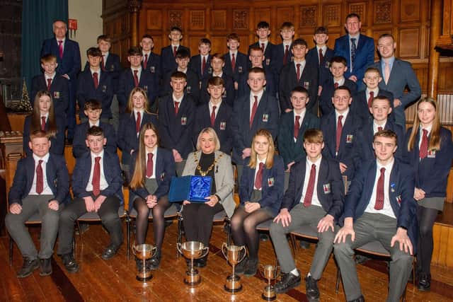 The Mayor Councillor Sandra Duffy welcomed pupils from Lisneal College to the Guildhall as she recognised the hugely successful cricket teams who claimed four trophies last season including the, U15 Ulster Schools Cup,Under 14 Derriaghy Cup, U13 Slemish Cup, Under 12 Wesley Ferris Cup. Picture Martin McKeown. 26.01.23:.