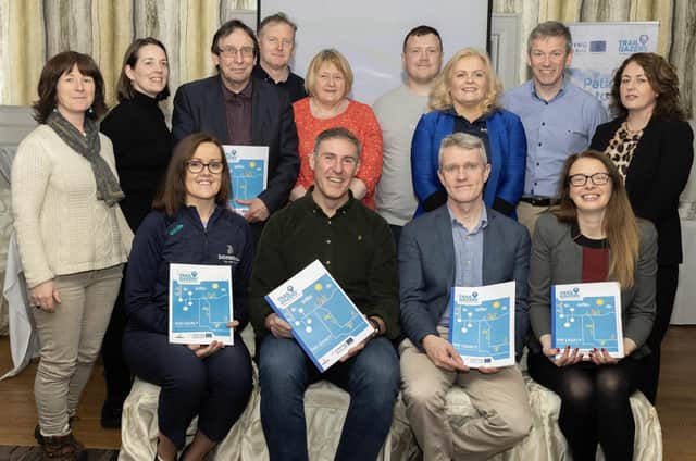 Pictured at the launch of “Trail Gazers Toolkit”. Back Row L to R – Trudi O’Reilly DCC Access Officer, Clodagh Murray Sláintecare Healthy Communites Development Officer
Colr. Albert Doherty, Michael Carty Sligo County Council, Caroline Morrison University of Ulster, Conor Lafferty Tourism Unit DCC, Mary Daly Communications & Research Officer Trail Gazers Project DCC, Cllr. Barry Sweeny, Anne Marie Conlon Head of Economic Development DCC
Front Row L to R– Mary McBride Trail Gazers Project Manager DCC, Jason Black, Aengus Kennedy Nature North West, Catherine McLaughlin Trail Gazers Research and Planning Officer DCC