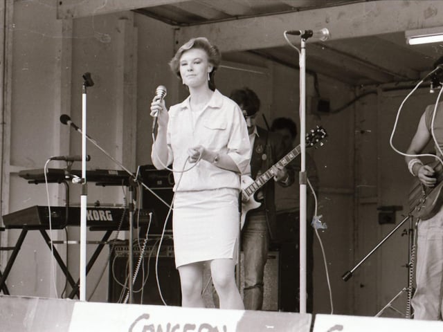 On stage at Live Aid in the Guildhall.