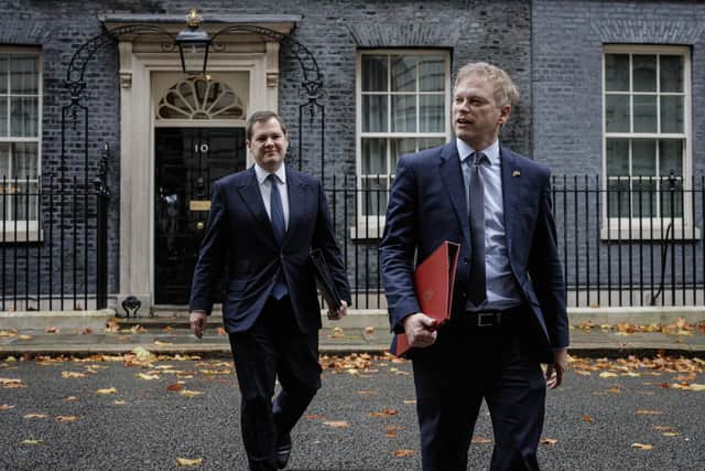 Minister of State for Immigration Robert Jenrick (L) and Secretary of State for Business, Energy and Industrial Strategy Grant Shapps (R) leave 10 Downing Street on Thursday. (Photo by Rob Pinney/Getty Images)