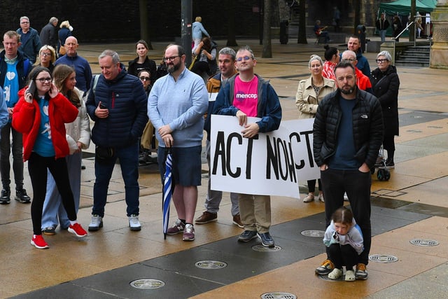 Colum Eastwood MP, in Guildhall Square, at Caleb's Cause rally calling for legal protection for young people with Special Educational Needs who have disabilities in Northern Ireland beyond the age of 19. Photo: George Sweeney