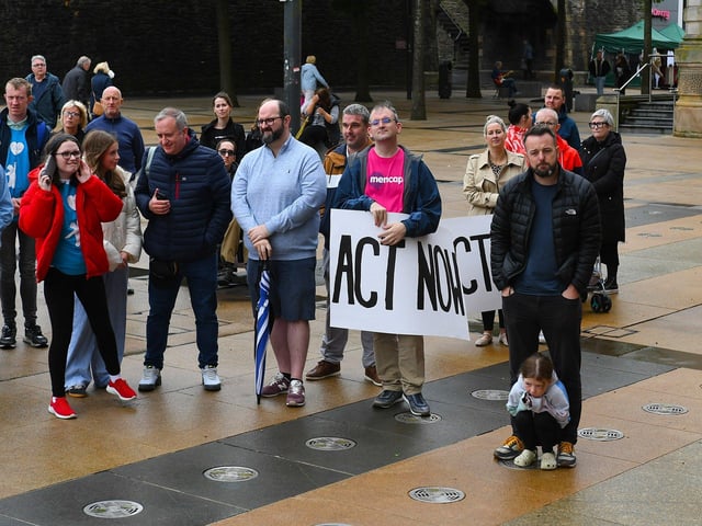Colum Eastwood MP, in Guildhall Square, at Caleb's Cause rally calling for legal protection for young people with Special Educational Needs who have disabilities in Northern Ireland beyond the age of 19. Photo: George Sweeney