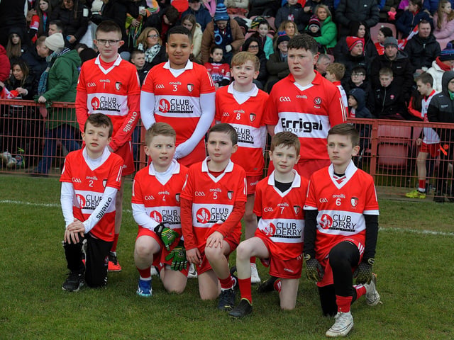 Young footballers from Club Derry played at half-time in Celtic Park on Saturday evening. Photo: George Sweeney