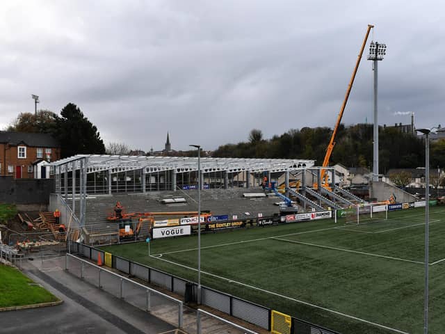 Work continues on the construction of the new North Stand at the Ryan McBride Brandywell  Stadium.  Photograph: George Sweeney
