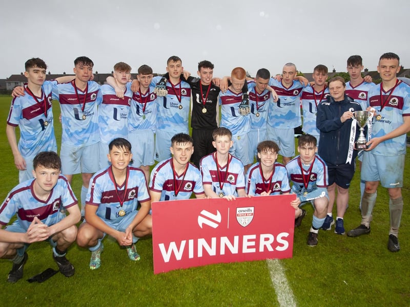 Institute FC, winners of the 2023 U15 Foyle Cup pictured receiving their trophy from Ciara Quigley, O’Neills. (Photos: Jim McCafferty Photography)