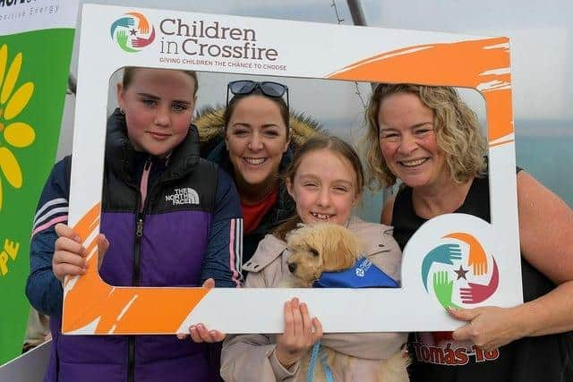 Geraldine Mullan, right, pictured at the Mullan Hope Centre, Moville prior to the Tomás memorial 5k fun walk / run with friends Katie-May Friel, Aisling Friel, Cassie Healy and Oscar Healy from Drumkeen . Photo: George Sweeney