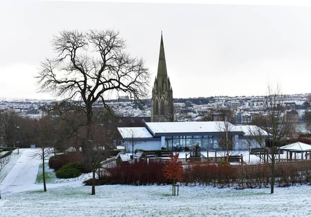 A light covering of snow in Brooke Park on Tuesday morning. Photo: George Sweeney