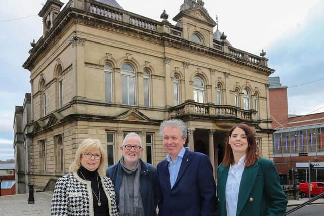 Dr. Paul Mullan, NI Director, The National Lottery Heritage Fund with Helen Quigley, Trustee , Conal McFeely, Chair, St Columb’s Hall Trust, Anne Marie Gallagher, Project Director, at St Columb’s Hall, Derry, for the announcement of funding totalling £751,727 from The National Lottery Heritage Fund for repair and re-opening of the historic building. 