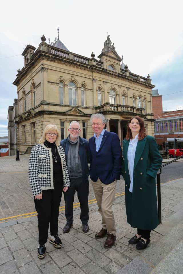 Dr. Paul Mullan, NI Director, The National Lottery Heritage Fund with Helen Quigley, Trustee , Conal McFeely, Chair, St Columb’s Hall Trust, Anne Marie Gallagher, Project Director, at St Columb’s Hall, Derry, for the announcement of funding totalling £751,727 from The National Lottery Heritage Fund for repair and re-opening of the historic building. 